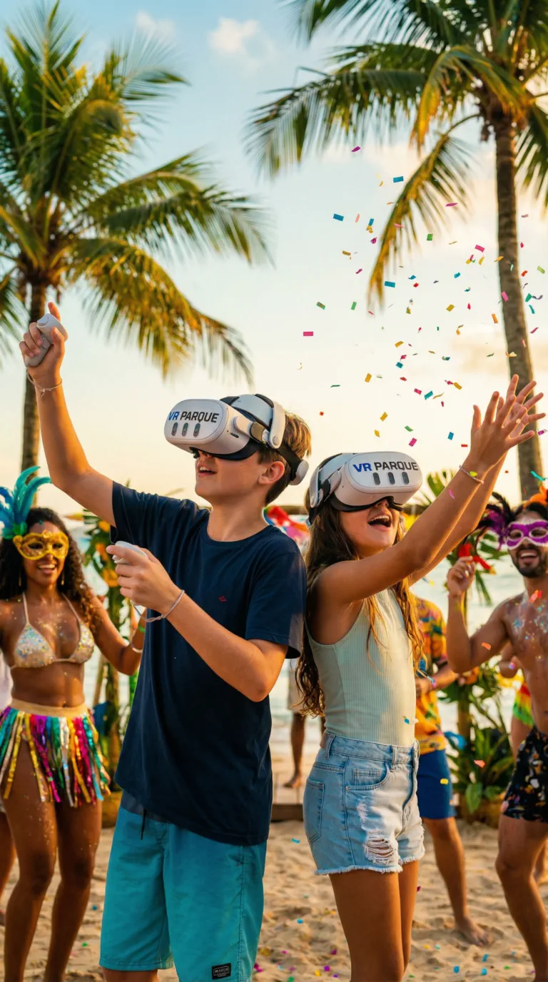 Duas crianças com óculos VR Parque comemorando com confete em cenário de praia