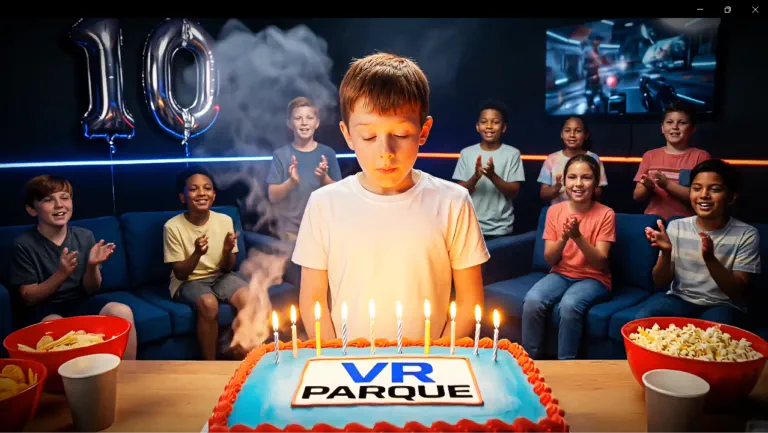 Menino soprando velas de aniversário em bolo temático VR Parque, cercado por amigos